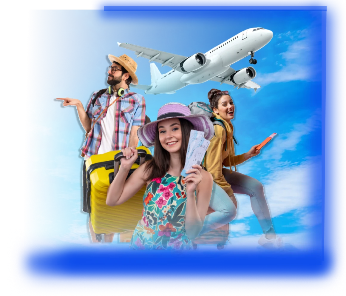 foto viagem com avião e pessoas felizes